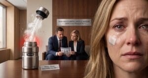 Defective Thermos food jar ejecting a stopper next to a woman with a facial bandage and eye trauma.