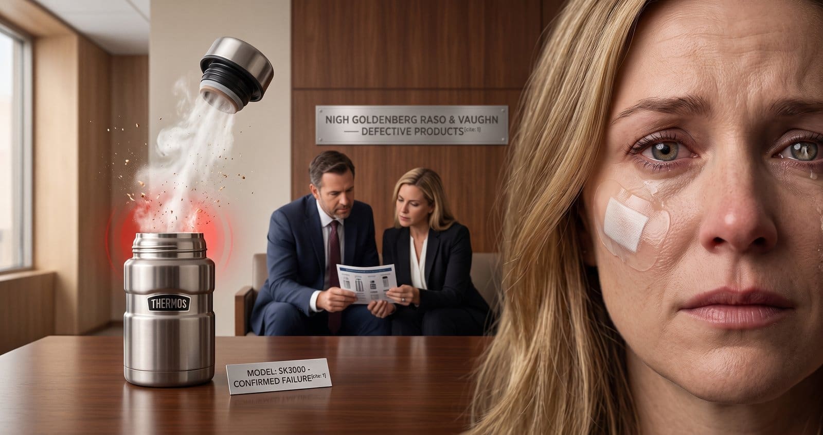 Defective Thermos food jar ejecting a stopper next to a woman with a facial bandage and eye trauma.